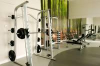 modern and clean fitness center featuring a smith machine, free weights, and a bench press area with large mirrors and a nature-inspired forest wall mural, creating an inviting and motivating workout environment.