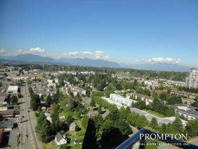 aerial view of a residential and commercial neighborhood with abundant greenery, tree-lined streets, and distant mountain ranges under a clear blue sky, showcasing a peaceful urban environment with a mix of low-rise buildings and open spaces