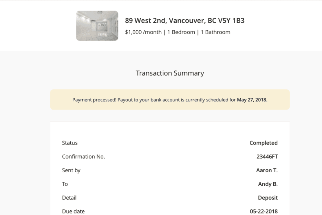 Le tableau de bord propriétaire de liv.rent affichant un sommaire des transactions et le calendrier de versement