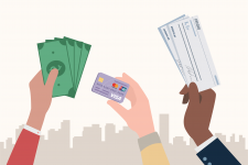 Paying for rent illustration - holding up cash, union pay card, cheque