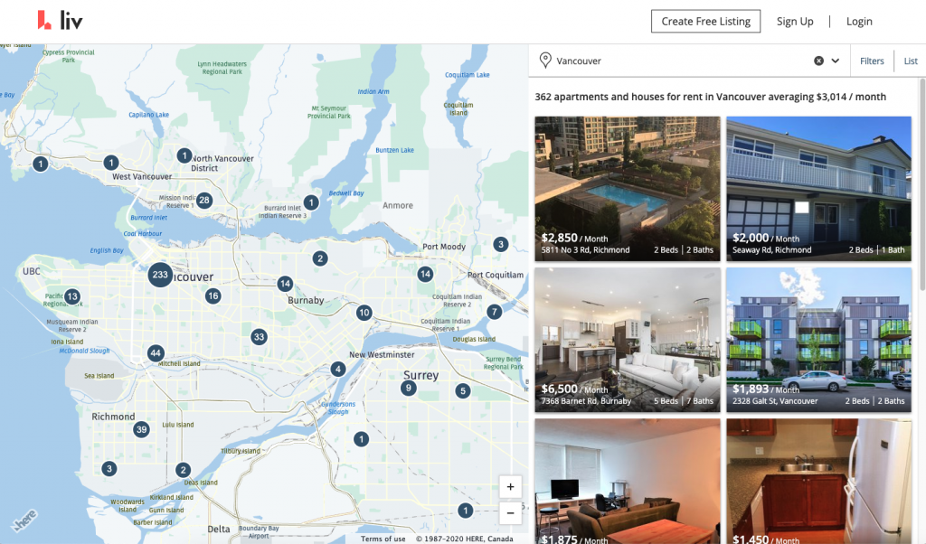 apartments for rent, vancouver, map view, search