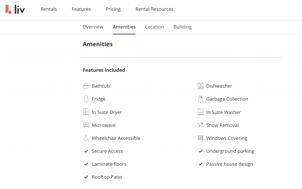 liv.rent shows list of amenities