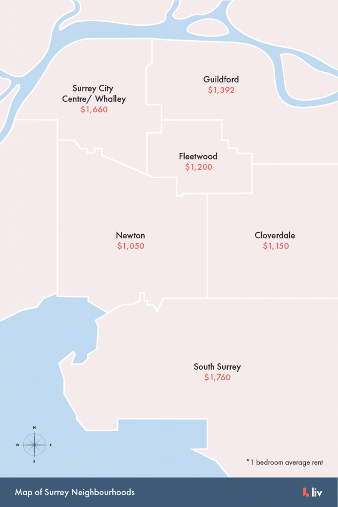 Map of Surrey neighbourhoods and their average rent via liv rent