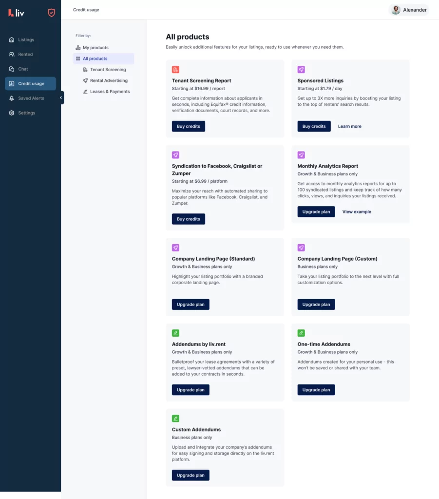 all the add-on features that can be unlocked with credit usage on liv rent