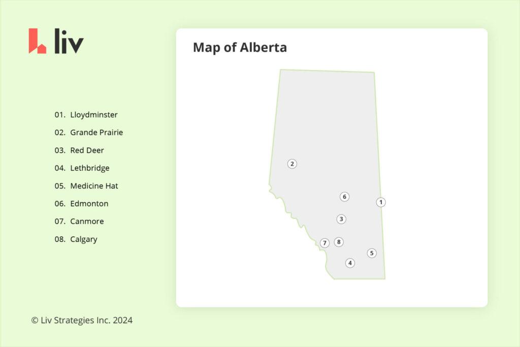 map of Alberta, Canada showing the 8 cheapest places to live via liv rent
