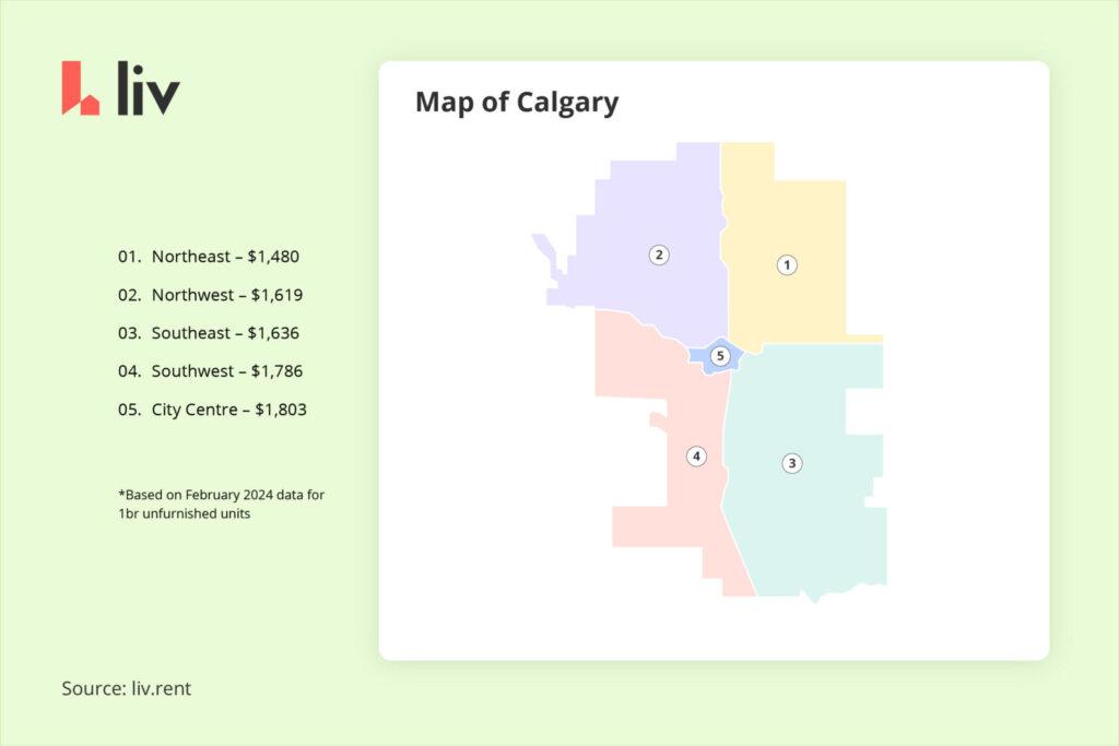 map of Calgary, Alberta, Canada showing the 5 cheapest areas to rent via liv rent