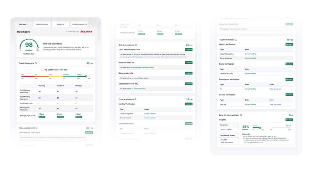 Trust Score report user interface including Equifax credit score range, exclusively from liv.rent